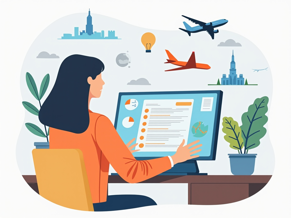 ilustración flat de un agente de viajes mostrando paquetes turísticos con iconos flotantes de monumentos y avión