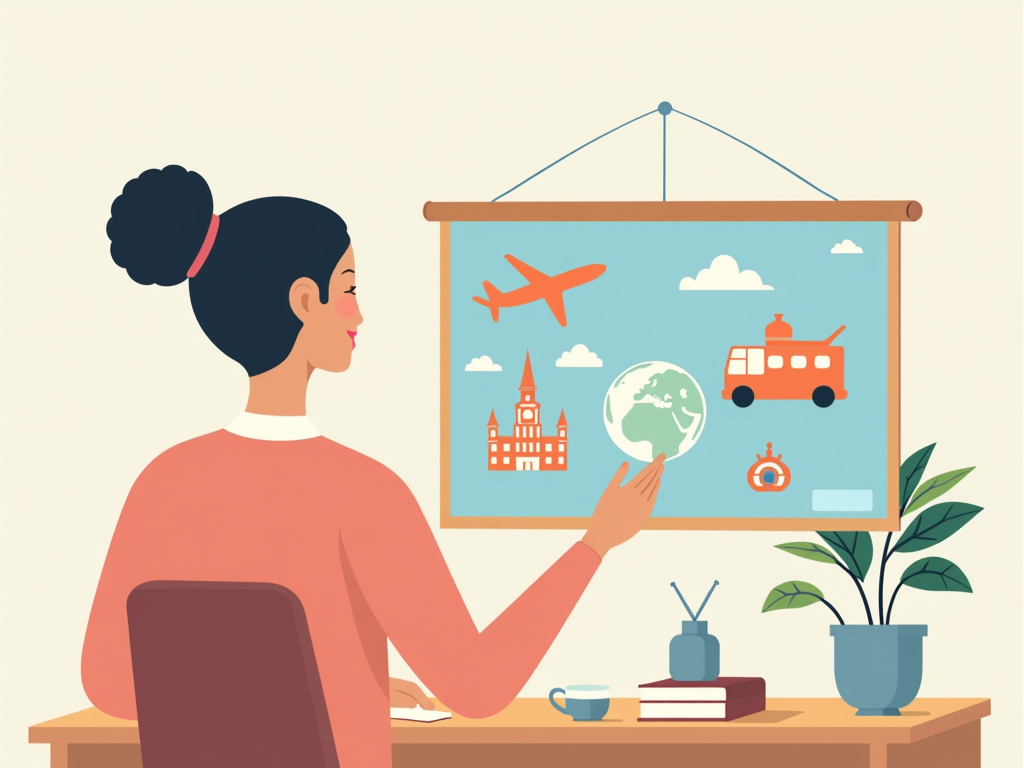 ilustración flat de un agente de viajes mostrando paquetes turísticos con iconos flotantes de monumentos y avión
