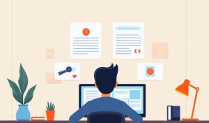 persona de espaldas frente a un ordenador gestionando contratos laborales con iconos flotantes