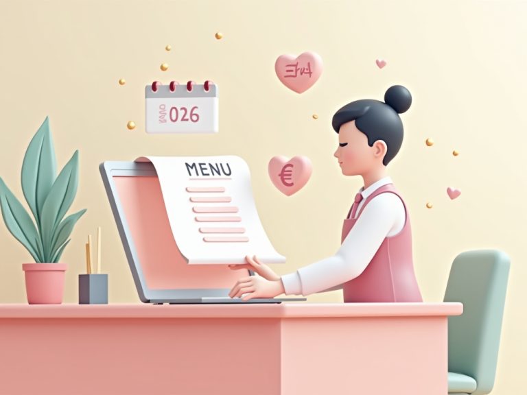 responsable actualiza menú de temporada en enero 2026 con iconos de hoja, euro y corazón flotando