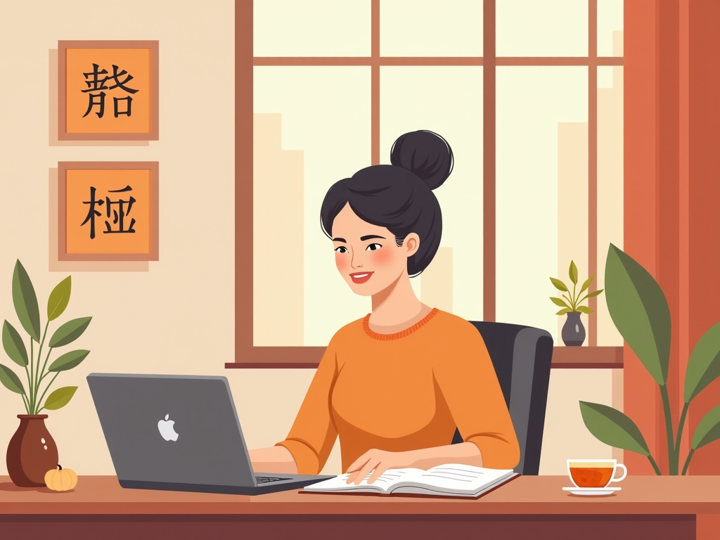 ilustración de una persona estudiando chino con portátil y cuaderno en un entorno acogedor con decoración de otoño