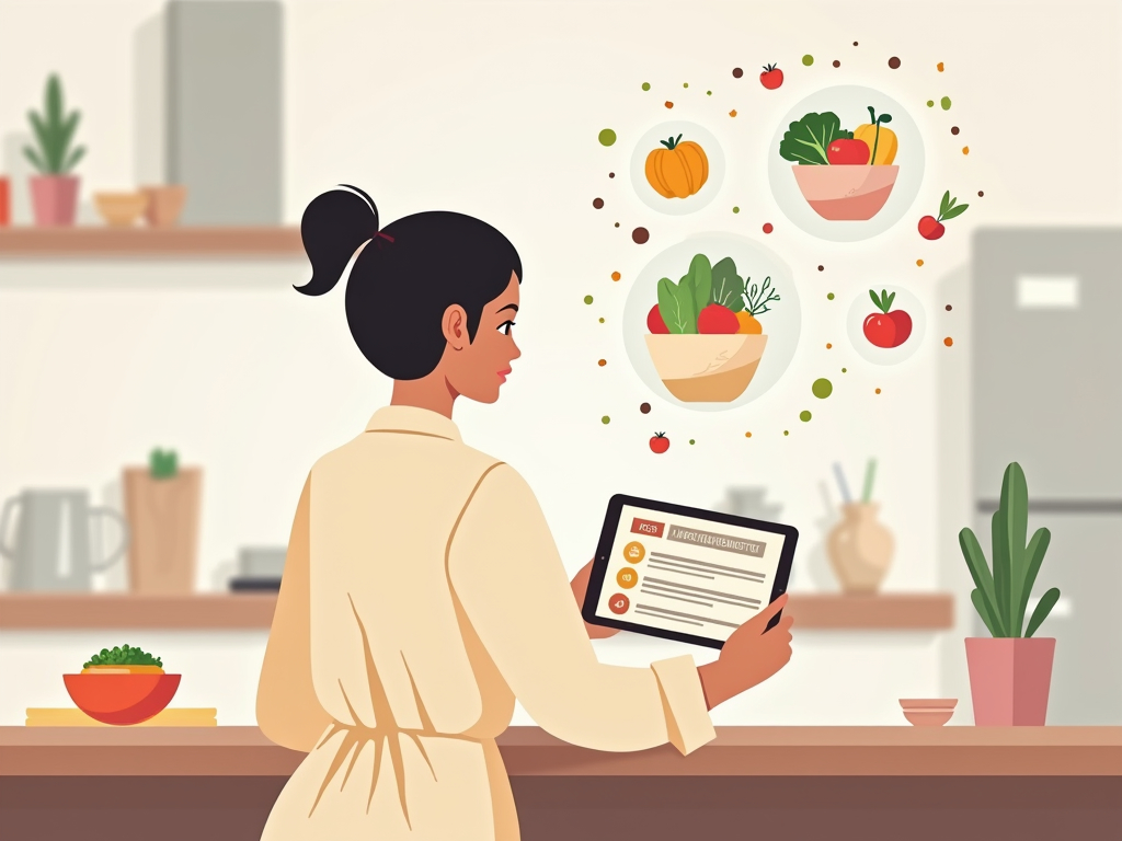 ilustración flat de un chef presentando un menú infantil invernal con iconos flotantes de verduras y sopas