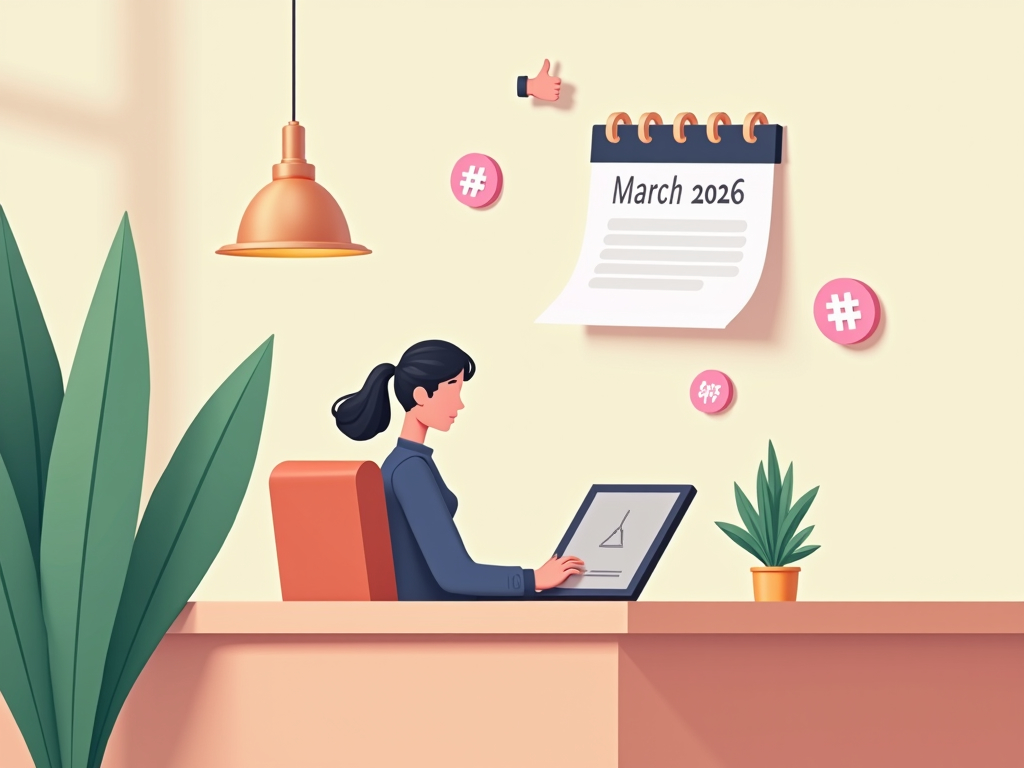 persona planifica redes sociales en marzo 2026 con iconos digitales y hojas de primavera flotando