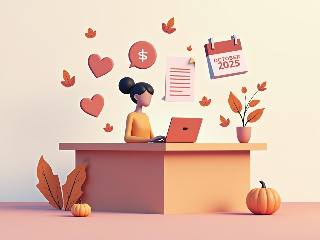persona gestionando iconos de redes sociales en octubre 2025 con hojas otoñales flotando