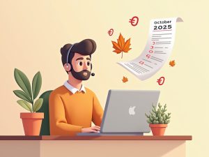 facturas y símbolos de euro flotan mientras una persona gestiona cobros en octubre 2025 con ambiente otoñal