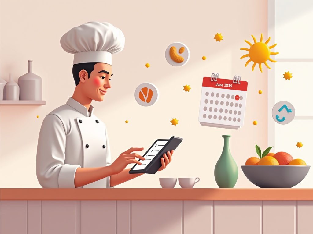 chef revisa lista de alérgenos en junio 2025 con iconos de alimentos y sol flotando