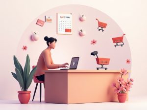 persona gestiona un pedido online con iconos de carrito y tarjeta en abril 2026, flores primaverales flotan alrededor