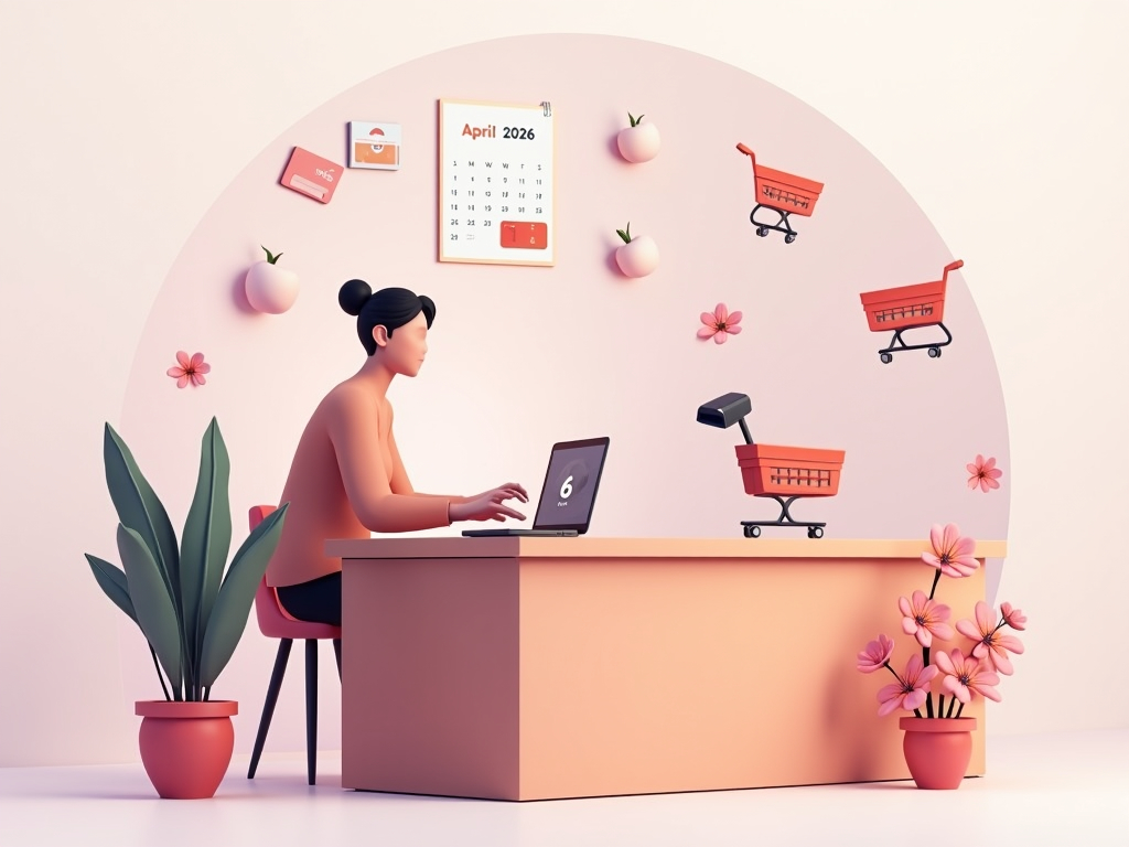 persona gestiona un pedido online con iconos de carrito y tarjeta en abril 2026, flores primaverales flotan alrededor