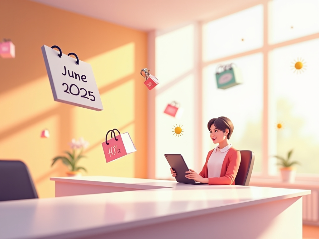 persona revisa ofertas online en junio 2025 con etiquetas de descuento y símbolos de sol flotando