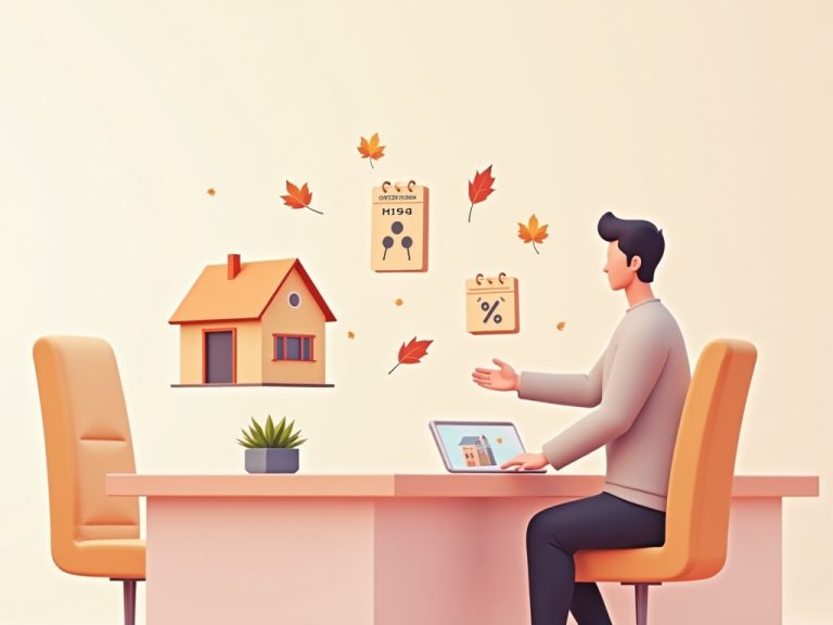 profesional presenta campaña inmobiliaria en octubre 2025 con iconos de cartel y porcentaje y hojas otoñales