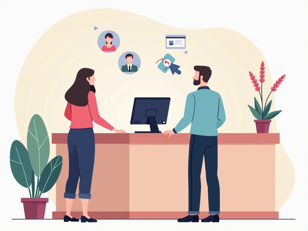 ilustración flat de un recepcionista de hotel atendiendo a un cliente en mostrador con iconos flotantes de tarjeta y servicios