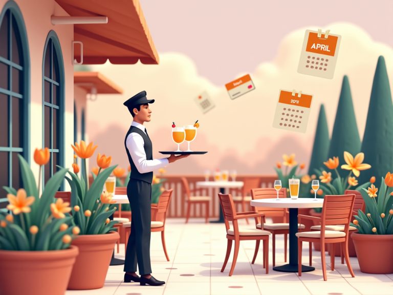 camarero sirve bebidas en terraza en abril 2026 con iconos de menú y flores flotando