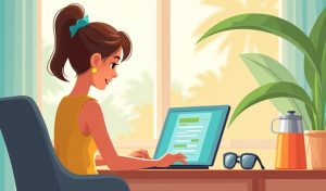 persona usando ordenador con la plataforma online de la seguridad social y elementos flotantes de certificados y escudos de seguridad