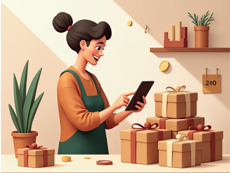 dueña de tienda revisa previsiones de ventas con cajas regalo en octubre 2025