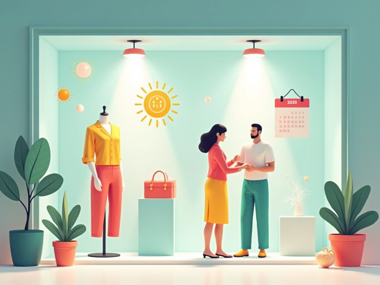 visual merchandiser ajusta maniquí con iconos de sol y descuento en junio 2025