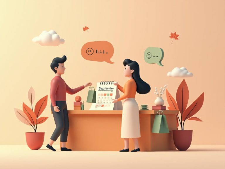 vendedor dialoga con cliente en tienda en septiembre 2025 con iconos de bolsa y sonrisa en tonos terracota y salvia
