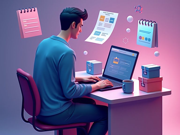 persona configura el panel de PrestaShop en un portátil con iconos de carrito y tarjeta en octubre 2025