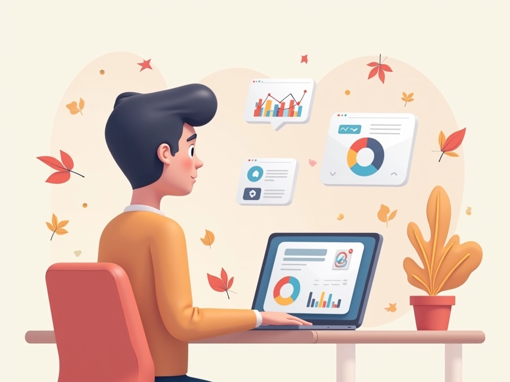 Ilustración 3D en tonos pastel de una profesional analizando métricas de marketing digital y analítica web en su portátil, rodeada de gráficos flotantes e iconos de redes sociales.