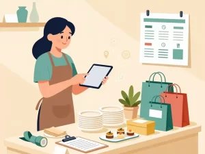 Ilustración de una profesional organizando un servicio de catering con una tablet, vajilla, bandejas y bolsas sobre una mesa de trabajo.