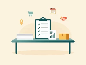 Ilustración de una mesa con documentos, una lista de control, un gráfico y símbolos de compras y gestión de pedidos.