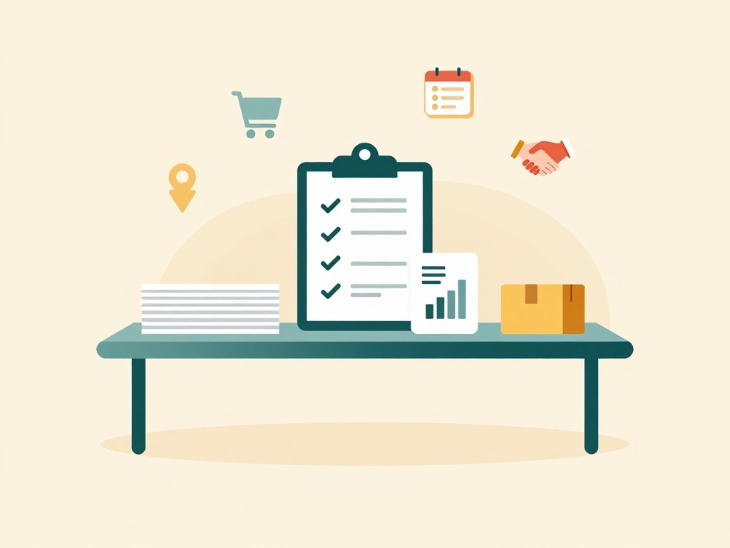Ilustración de una mesa con documentos, una lista de control, un gráfico y símbolos de compras y gestión de pedidos.